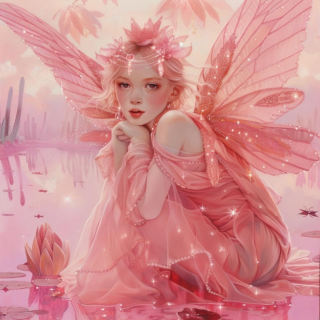 there is a fairy sitting on the ground with a pink dress generative ai