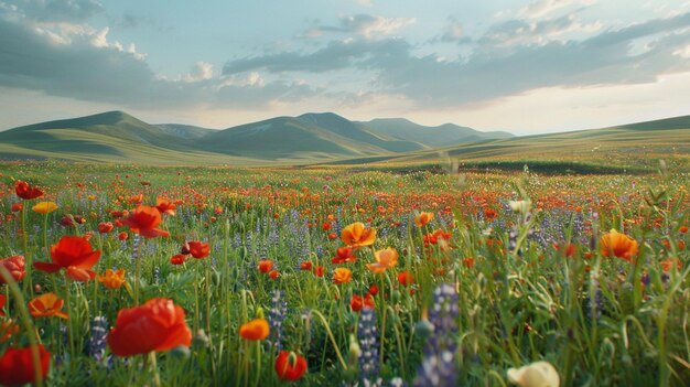 there is a field of flowers with mountains in the background generative ai