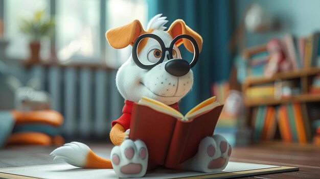 there is a figurine of a dog wearing glasses reading a book generative ai