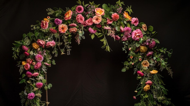 there is a floral arch made of flowers and greenery on a black background generative ai