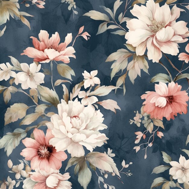 There is a floral pattern with pink and white flowers on a blue background generative ai