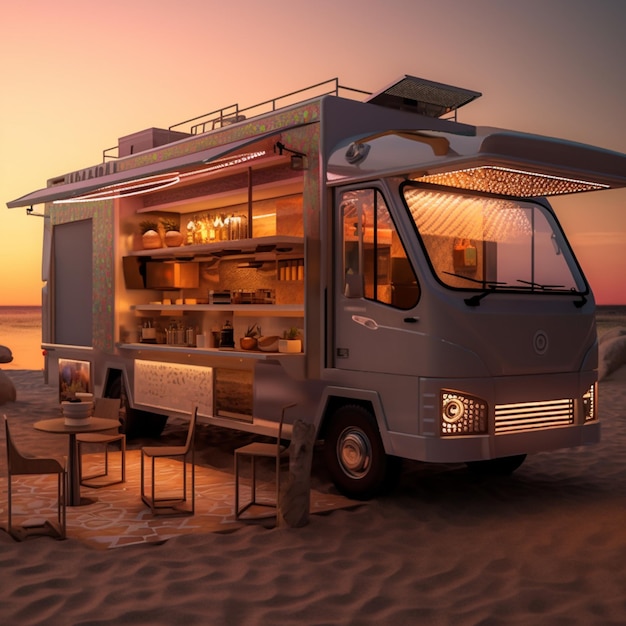 there is a food truck that is parked on the beach generative ai