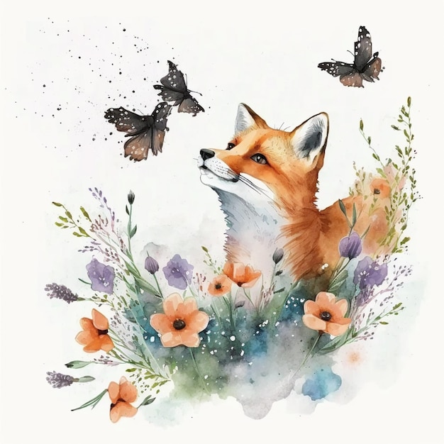 there is a fox and a butterfly in the watercolor generative ai