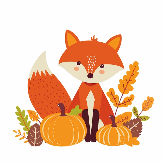 Photo there is a fox sitting on the ground with pumpkins and leaves generative ai