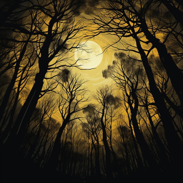 There is a full moon in the sky behind a forest generative ai