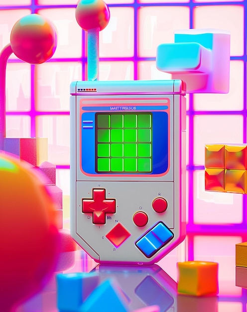 Photo there is a gameboy with a colorful screen on the table generative ai