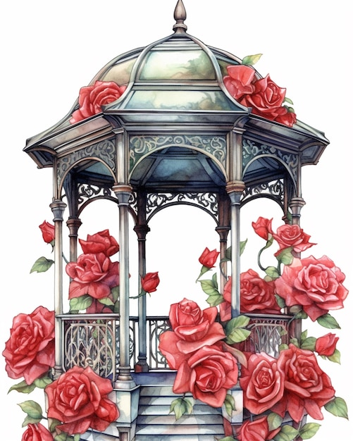 There is a gazebo with red roses on the side of it generative ai