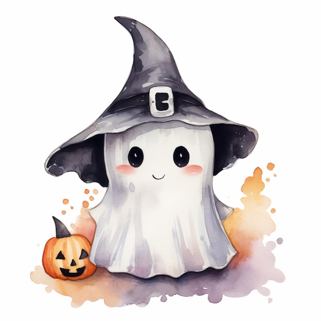 there is a ghost with a hat and pumpkins on the ground generative ai