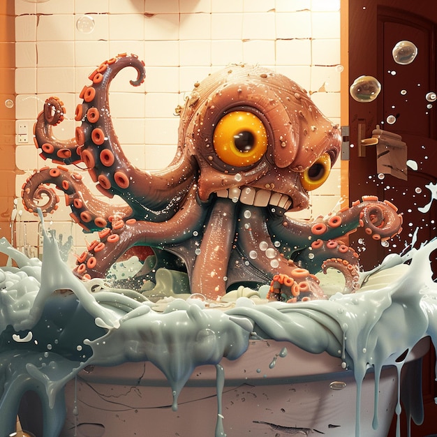 Photo there is a giant octopus statue in the bathtub with bubbles generative ai