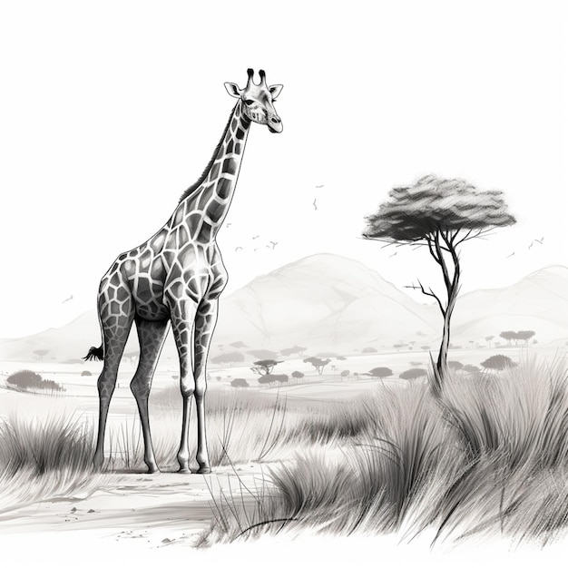 there is a giraffe standing in the grass near a tree generative ai