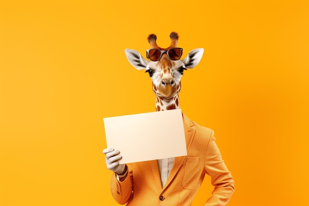 There is a giraffe that is holding a sign in front of his face generative ai