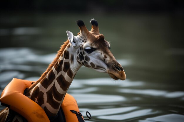 There is a giraffe that is standing in the water with a life preserver generative ai