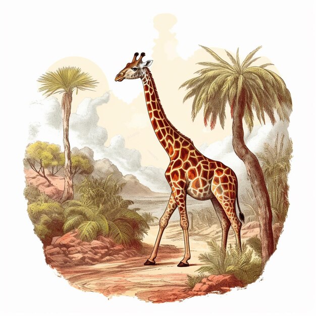 There is a giraffe walking in the desert with palm trees generative ai