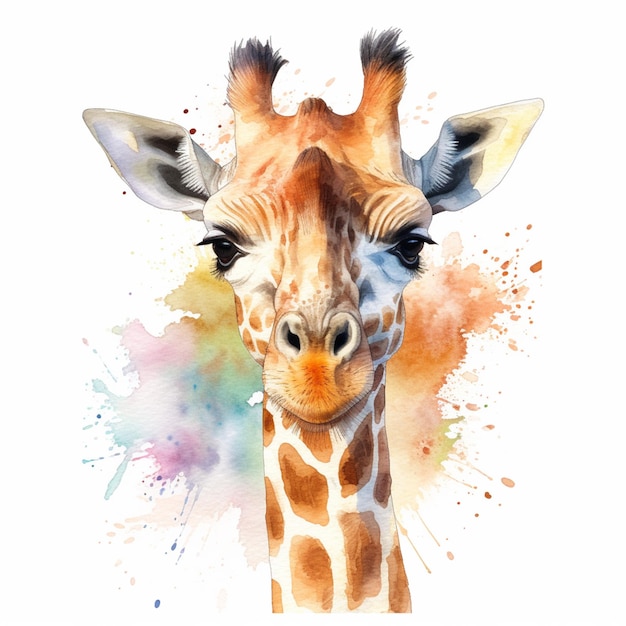 There is a giraffe with a colorful face and a white background generative ai