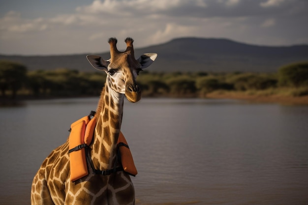 There is a giraffe with a life jacket on standing in the water generative ai