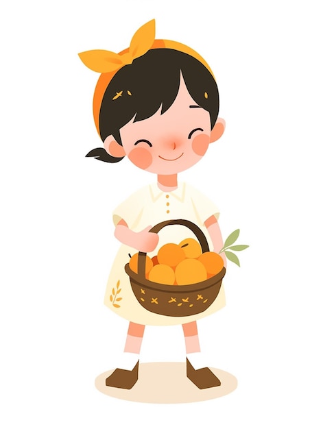 There is a girl holding a basket of oranges in her hands generative ai