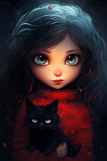 There is a girl holding a black cat in her arms generative ai