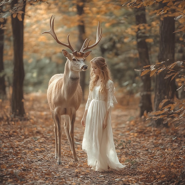 Photo there is a girl standing next to a deer in the woods