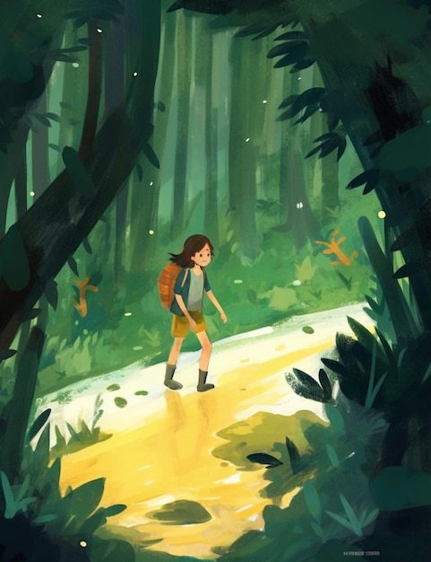 There is a girl walking through a forest with a backpack generative ai