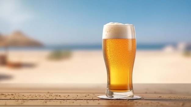 there is a glass of beer sitting on a table on the beach generative ai