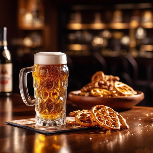 There is a glass of beer and some pretzels on a table generative ai