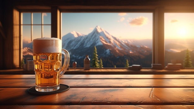 there is a glass of beer on a table in front of a window generative ai