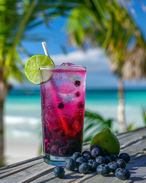 there is a glass of blueberry juice with a lime slice on the table generative ai