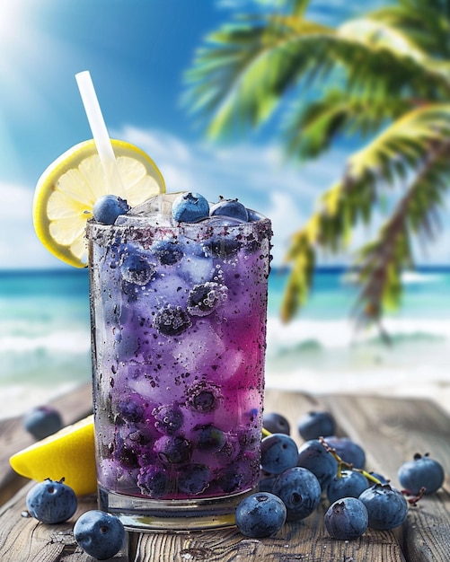 there is a glass of blueberry lemonade with a lemon slice generative ai