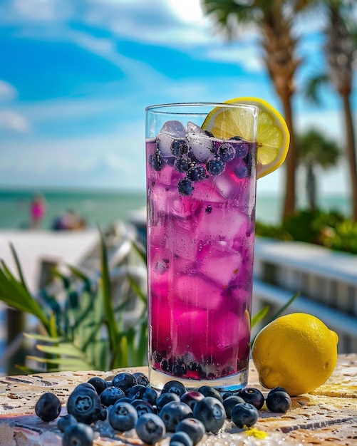 there is a glass of blueberry lemonade with a lemon slice and a lemon generative ai