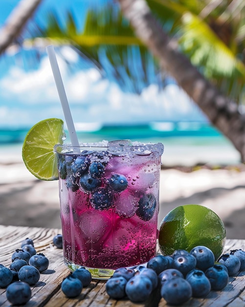 there is a glass of blueberry and lime drink on a table generative ai