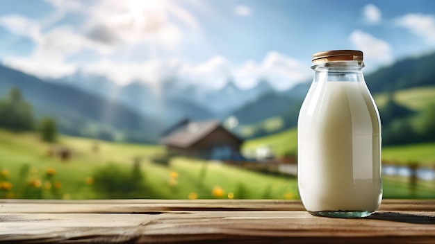 Photo there is a glass bottle of milk on a table with a mountain view