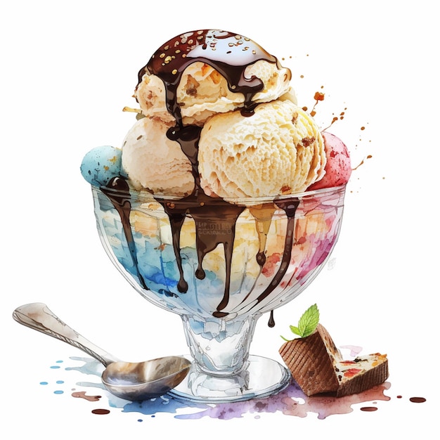 There is a glass bowl with ice cream and chocolate sauce generative ai