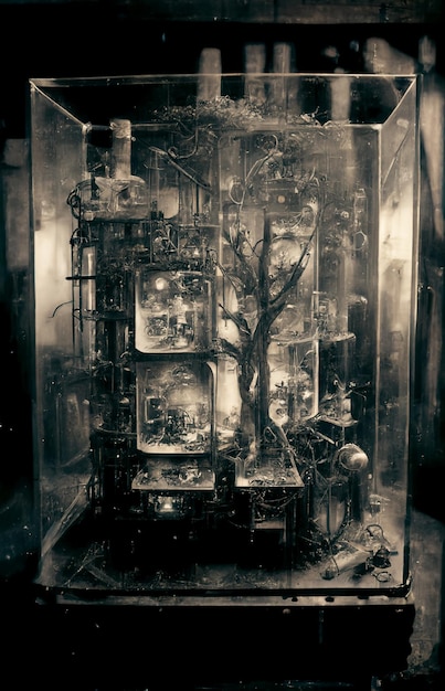 There is a glass case with tree inside of it generative ai