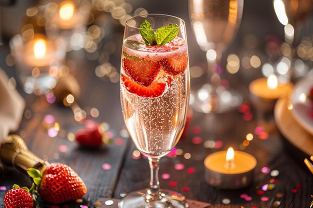 there is a glass of champagne with strawberries and a candle generative ai