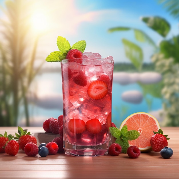 there is a glass of fruit juice with a strawberries and blueberries generative ai