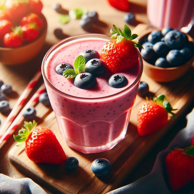 There is a glass of fruit smoothie with strawberries and blueberries