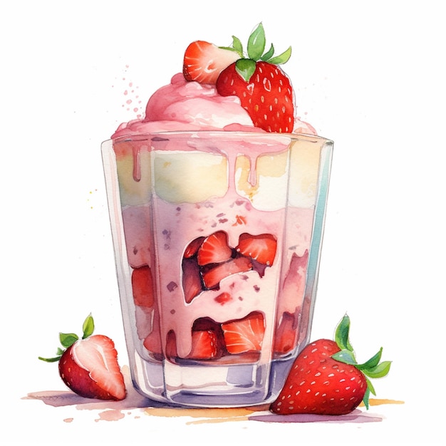 There is a glass of ice cream with strawberries on top generative ai