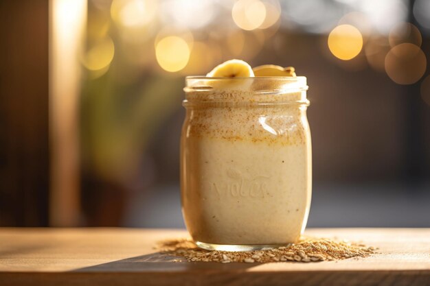 there is a glass jar with a banana and oatmeal drink generative ai