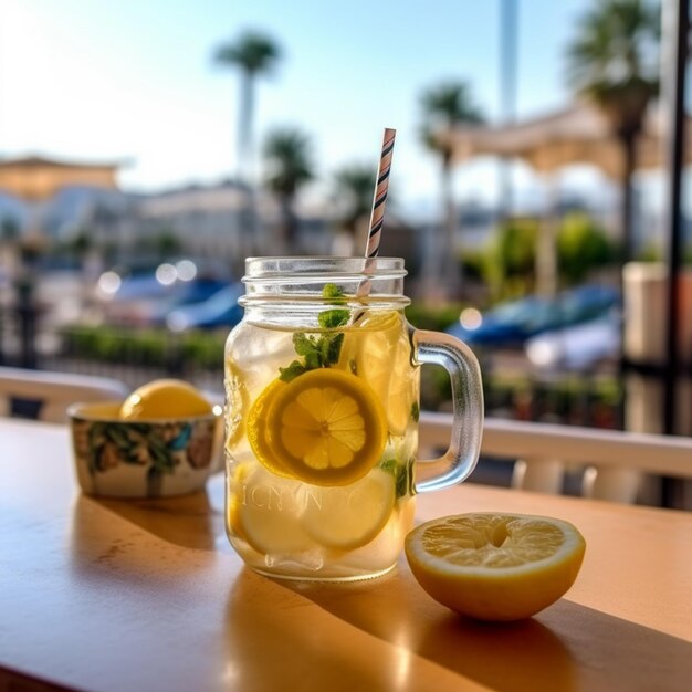 there is a glass jar with lemons and a straw in it generative ai