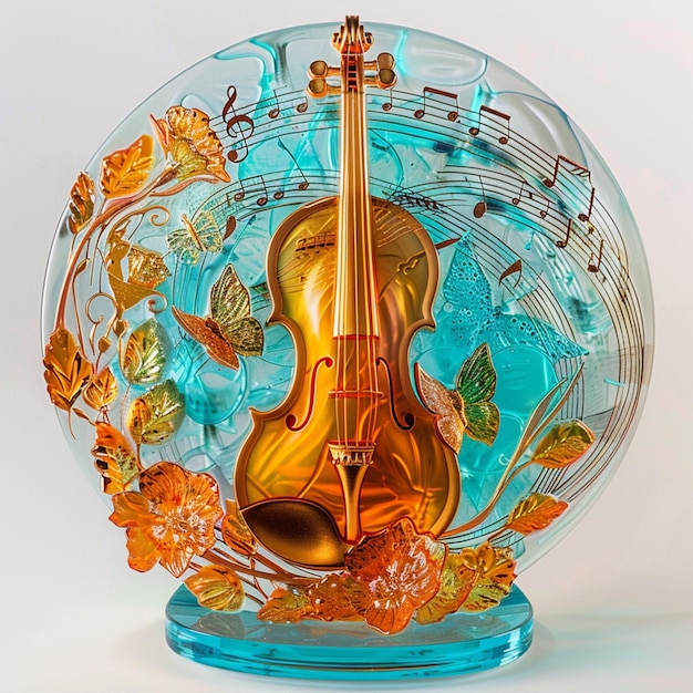 there is a glass sculpture of a violin and musical notes generative ai