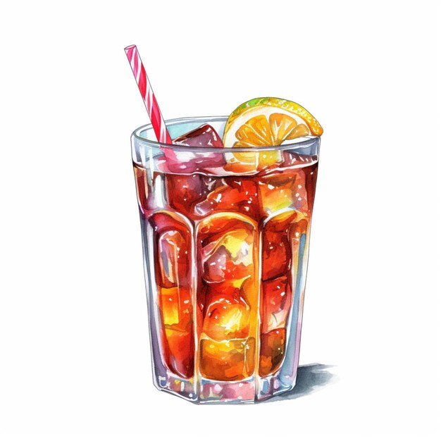 there is a glass of soda with a straw and a slice of lemon generative ai