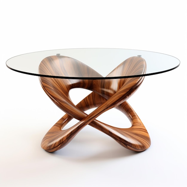 there is a glass table with a wooden base and a glass top generative ai