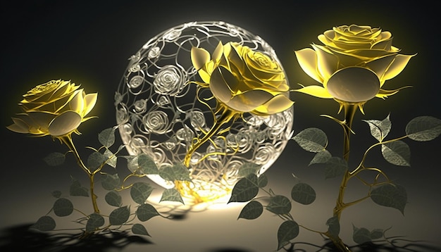 There is a glass vase with roses in it and yellow rose generative ai