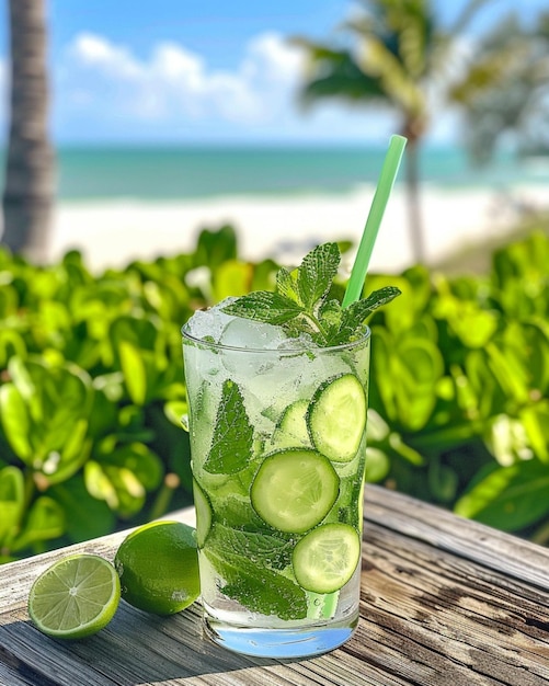 there is a glass of water with cucumber and mint on the table generative ai