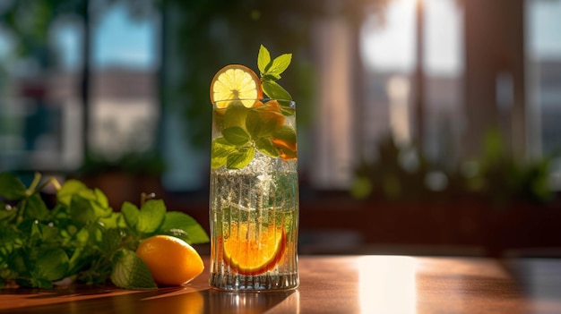 There is a glass of water with a lemon and mint on the table generative ai