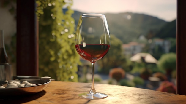 there is a glass of wine sitting on a table with a view of a city generative ai