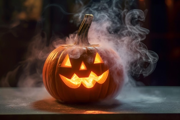 there is a glowing pumpkin with a carved face on it generative ai