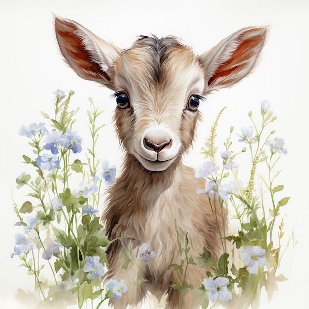 There is a goat that is standing in the grass with flowers generative ai