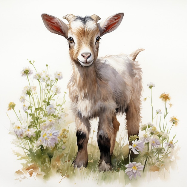 There is a goat that is standing in the grass with flowers generative ai