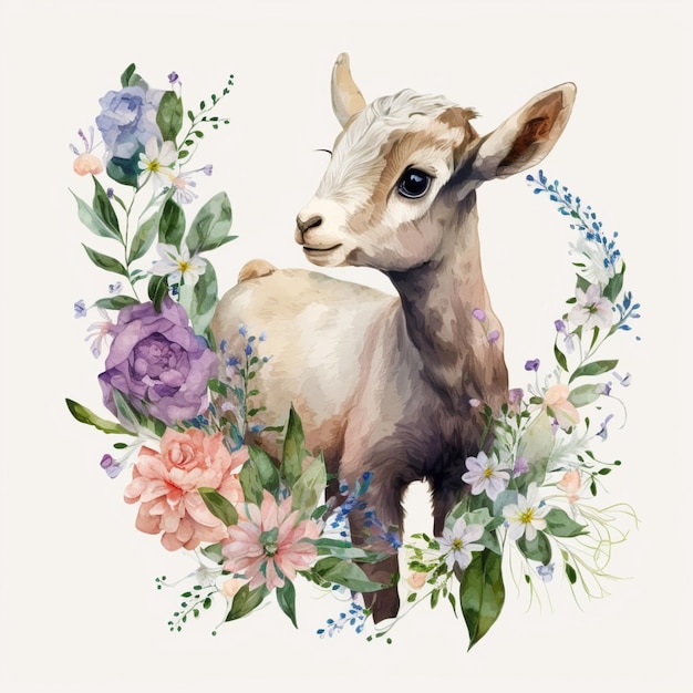 there is a goat that is standing in the middle of a flower wreath generative ai